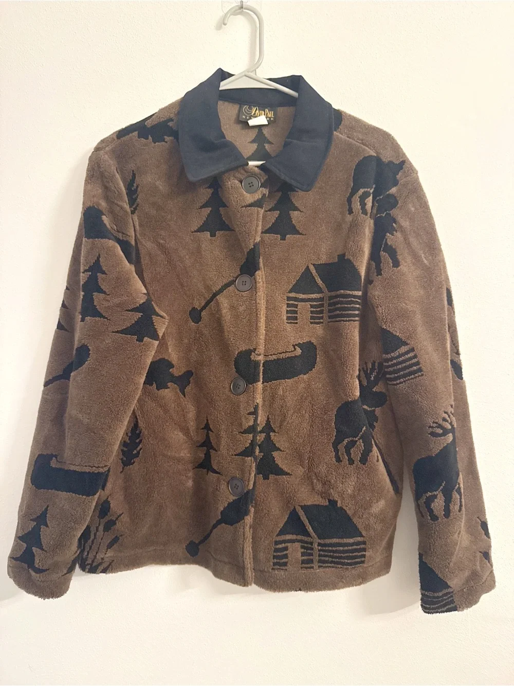 Vintage Lodge Cabin Moose Canoe Fleece Jacket Chenille Print Button Front Size L